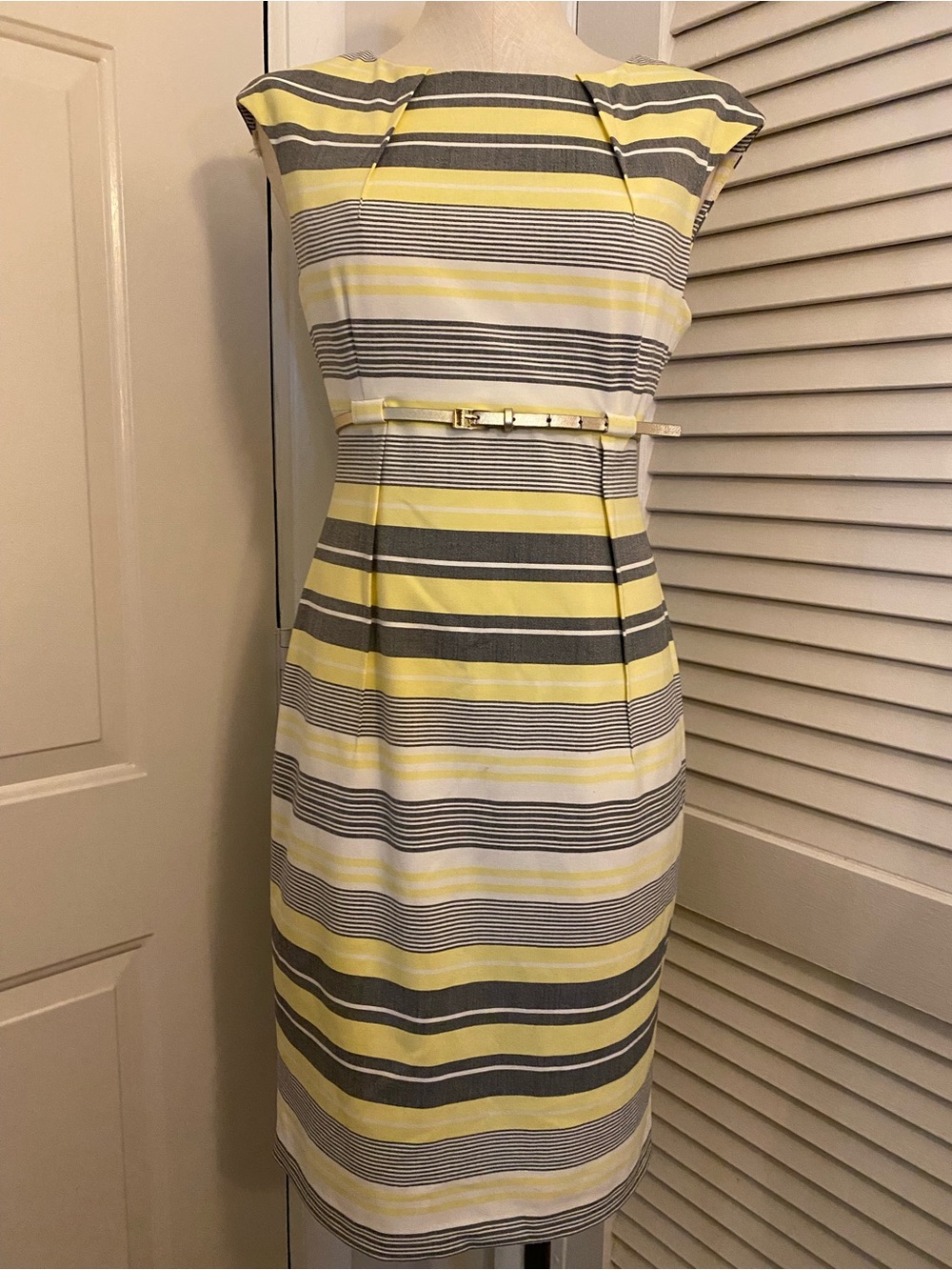 Calvin Klein Yellow, Gray and White Striped Sheath Dress- Size 6